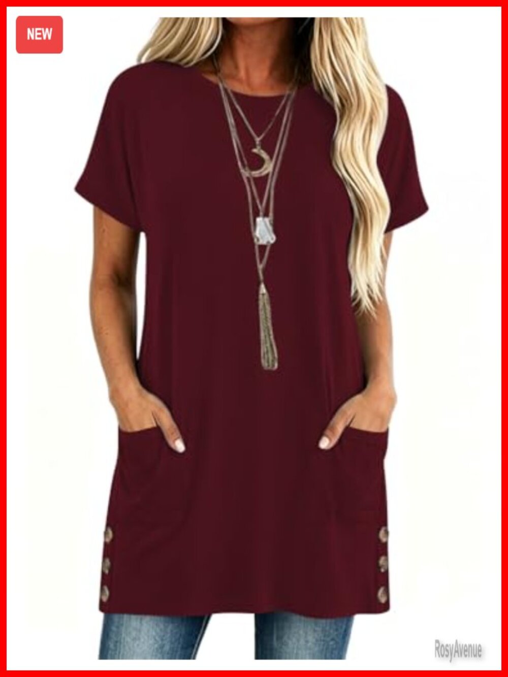 Womens Tunic Top Short Sleeve Side Buttons Pockets Loose Fit Rayon Spandex